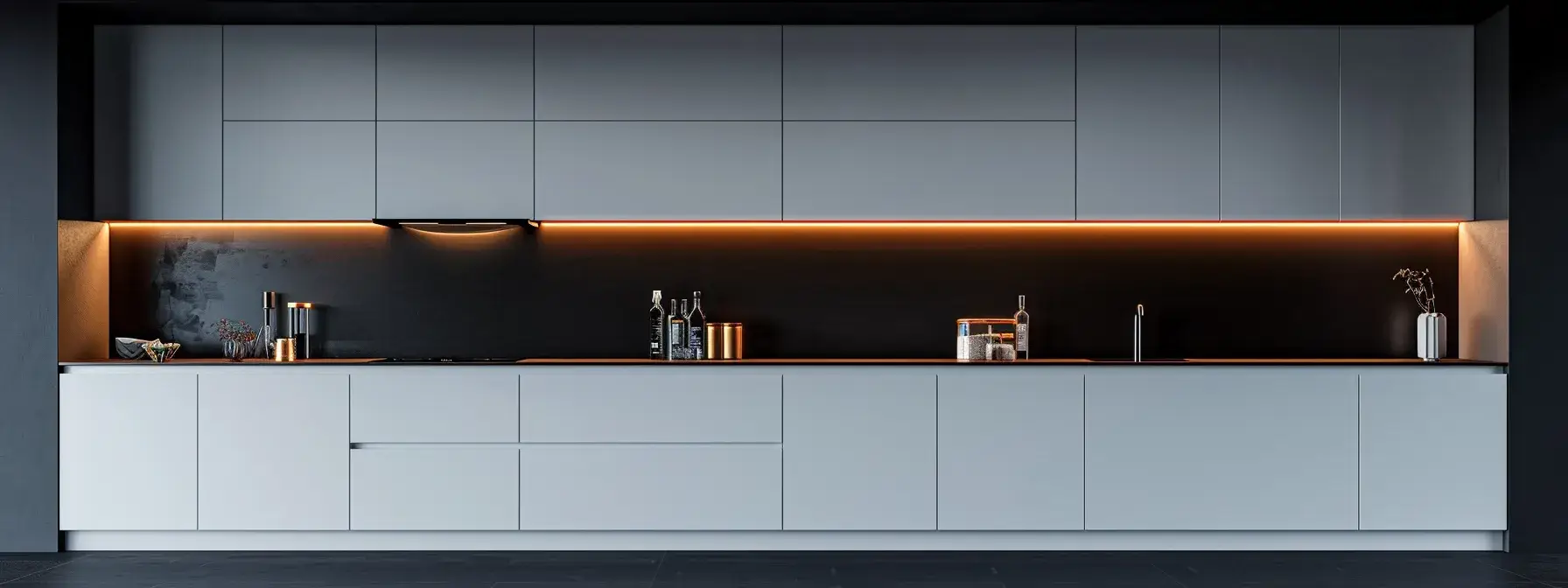 sleek, white minimalist cabinets contrasting against a bold black backsplash in a modern kitchen.