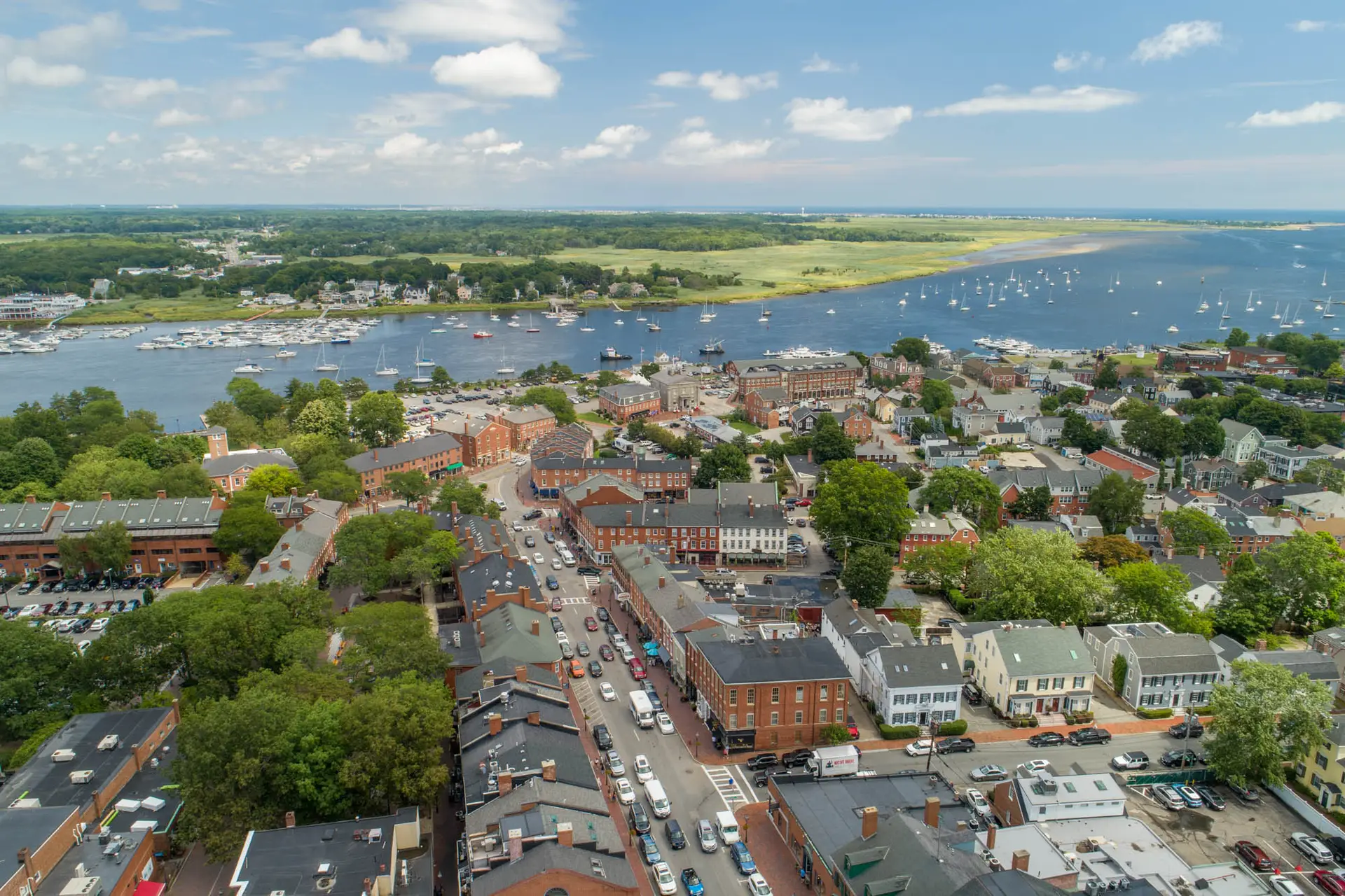 Aerial view of downtown Newburyport, MA and harbor
