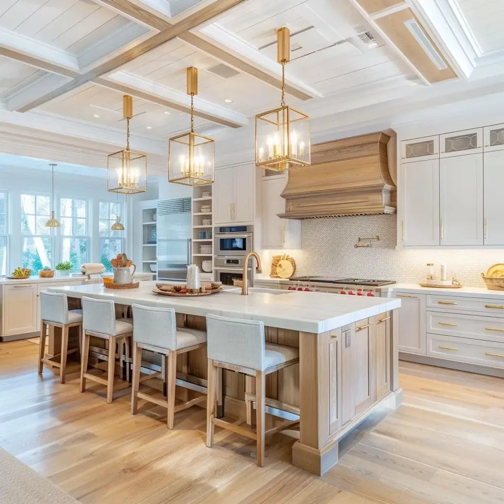Custom American-made kitchen cabinets in a coastal home, showcasing a blend of colonial and modern styles