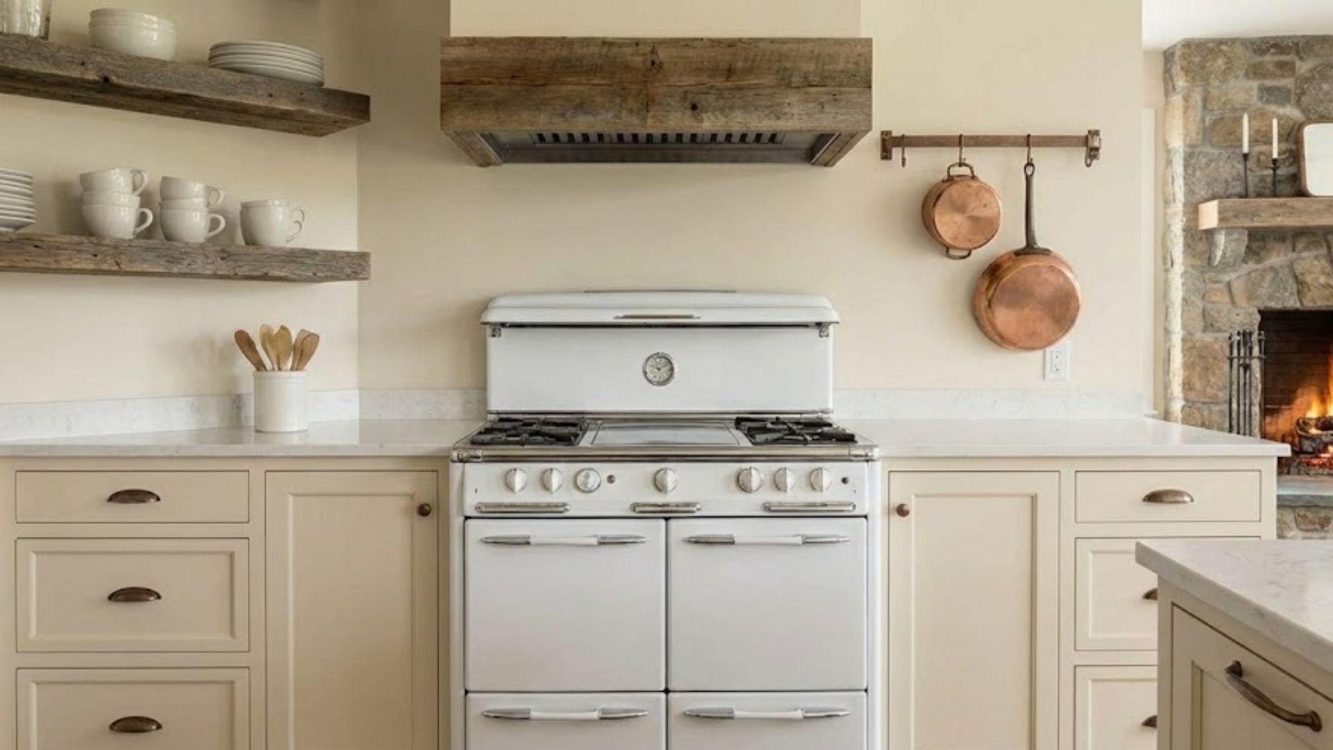 Farmhouse kitchen with open shelving and painted cabinets New Hampshire