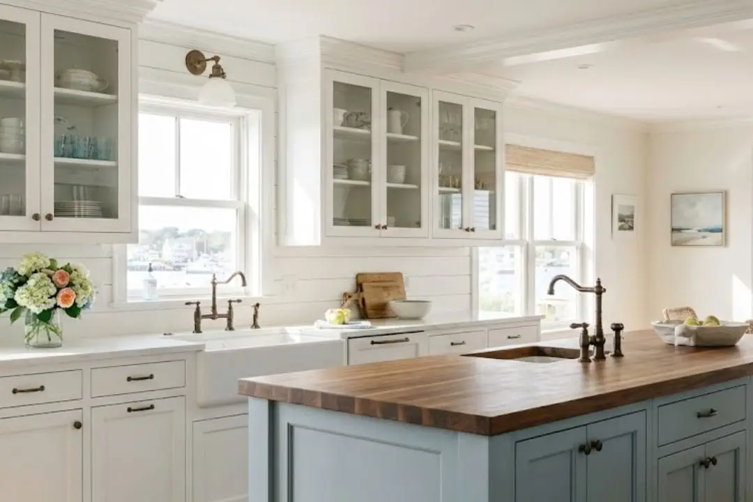 Transitional kitchen design with neutral colors and clean lines Newburyport MA