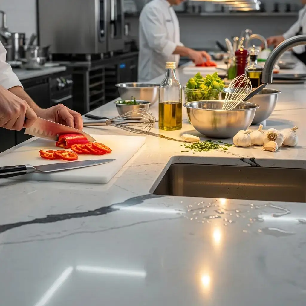 Close-up of Cambria quartz countertop in a busy kitchen, highlighting durability and low maintenance