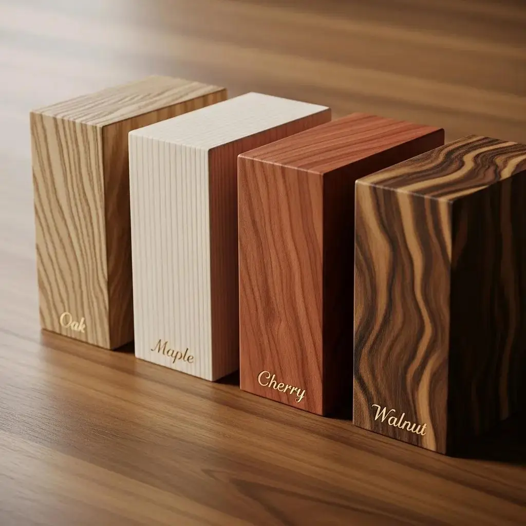 Close-up of oak, maple, cherry, and walnut wood samples showcasing their unique grains and colors