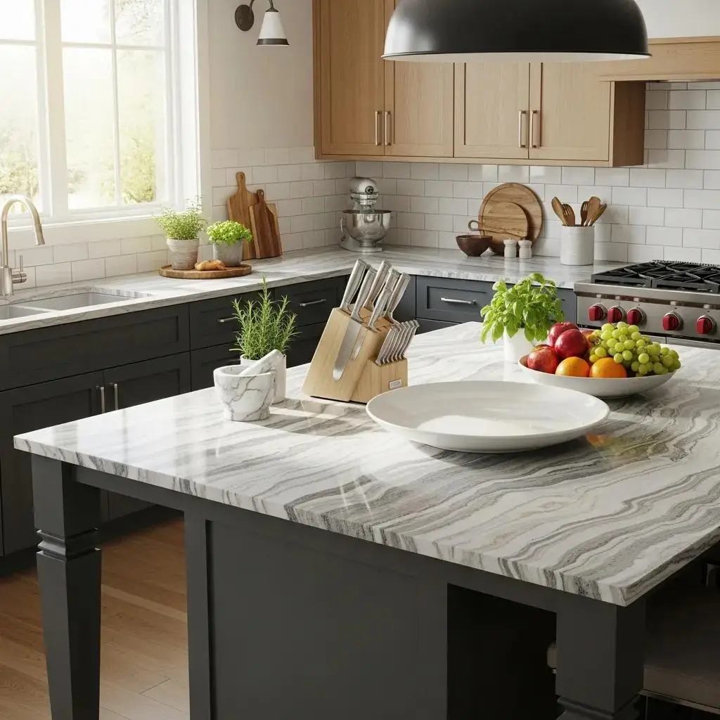 Elegant kitchen with Cambria quartz countertops showcasing durability and aesthetic appeal