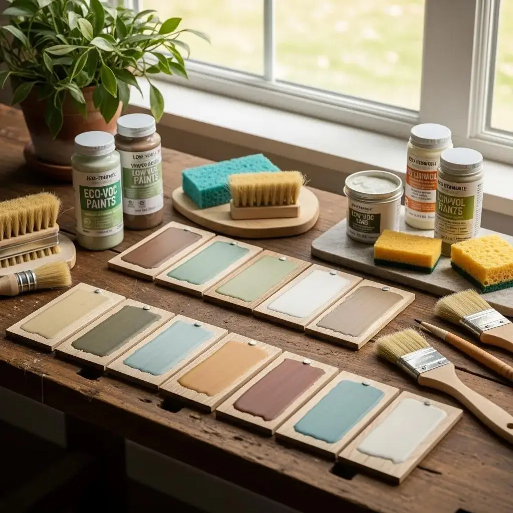 Samples of eco-friendly kitchen cabinet finishes including paint, stain, and glaze in a natural setting
