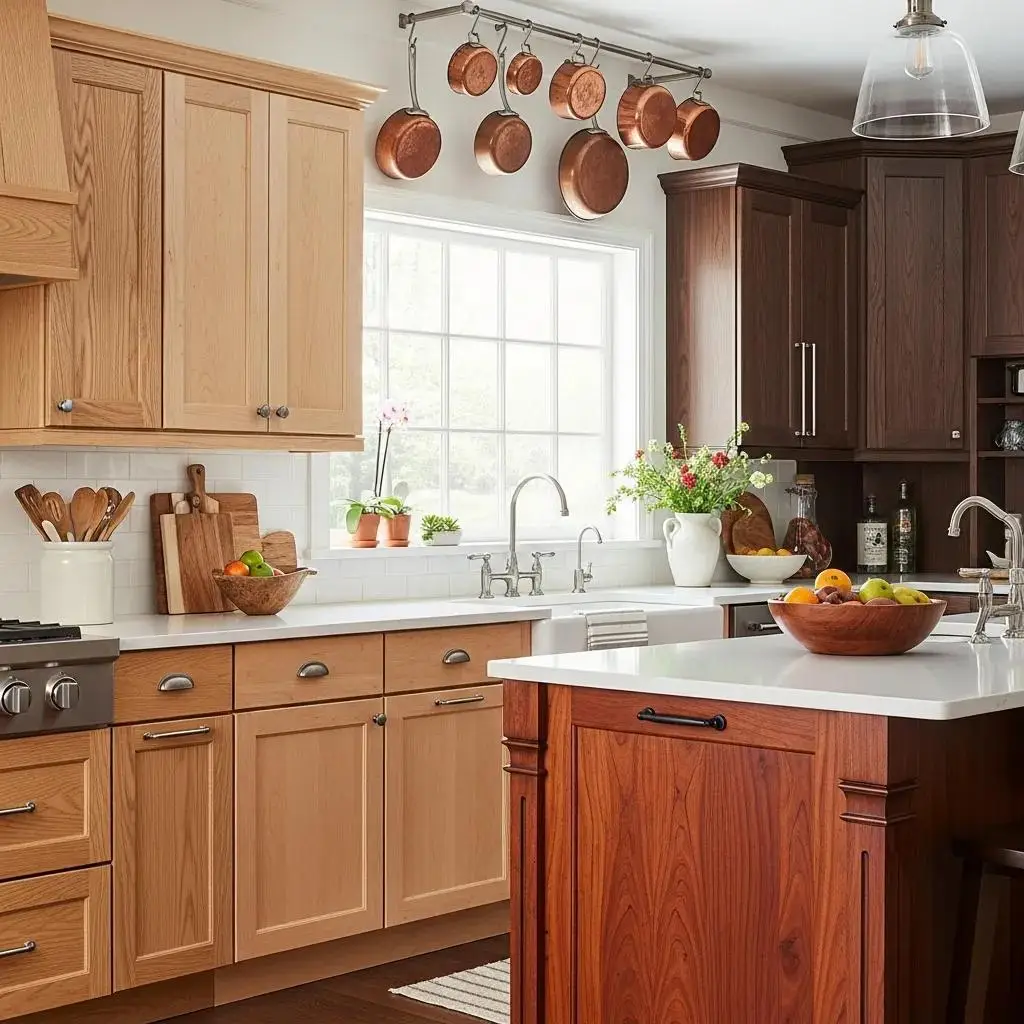 Stylish kitchen featuring diverse wood species cabinets, showcasing oak, maple, cherry, and walnut finishes