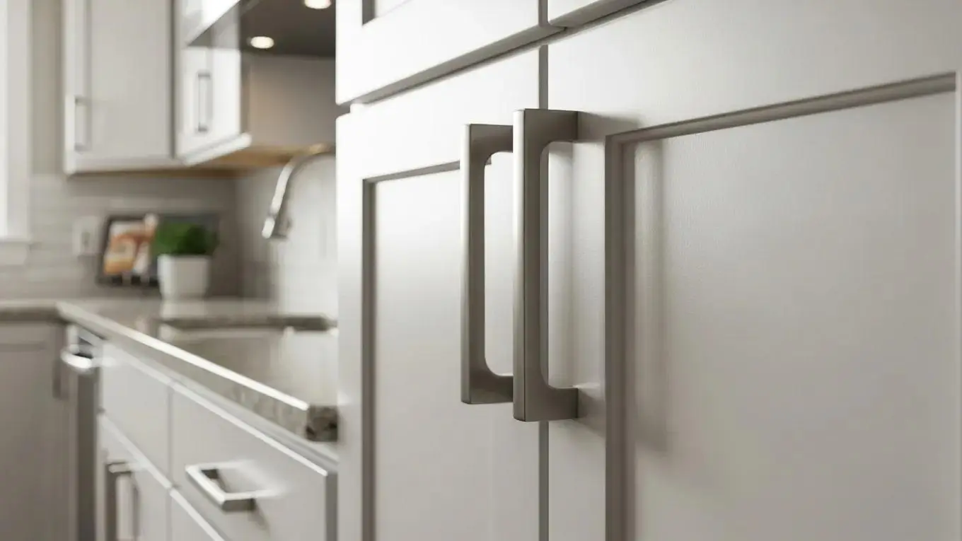 Close-up of Homecrest cabinets highlighting thermofoil finish and modern design features