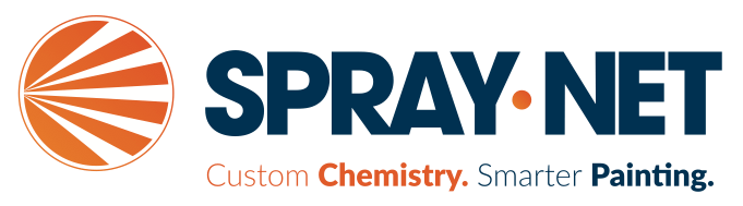 Spray-Net logo featuring a stylized sunburst and the text "Custom Chemistry. Smarter Painting." representing the partnership with Seacoast Cabinet for kitchen cabinet refinishing services.