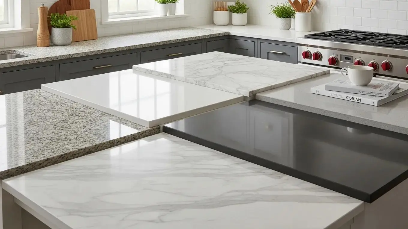Variety of kitchen countertop surfaces including granite, quartz, marble, and laminate in an inviting kitchen.